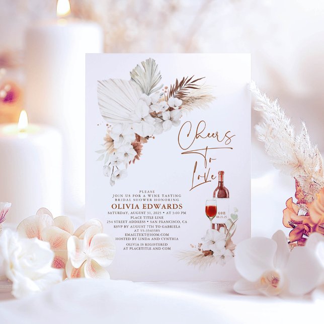 Ost till Kärlek Boho Pampas Grass Möhippa Inbjudningar (White Orchids Boho Bridal Shower Invitations Cheers to Love)