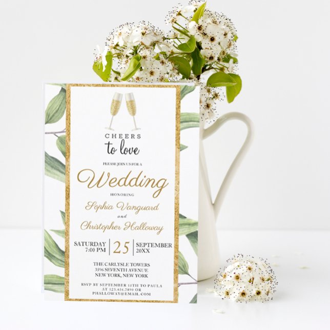 Ost till Kärlek Chic Champagne Botanical Bröllop Inbjudningar (CHEERS TO LOVE ELEGANT MODERN  BOTANICAL WEDDING INVITATION
)