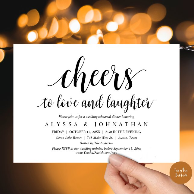 Ost till kärlek och skratt, Bröllop Rehearsal Inbjudningar (Cheers to love and laughter, Wedding Rehearsal Dinner Invitation Card, PDF, in Black and White)
