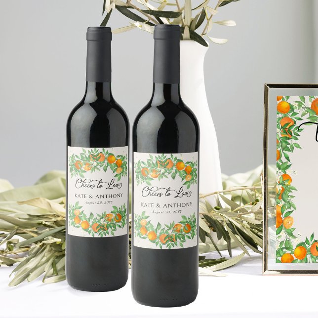 Ost till Kärlek Orange Blommar Bröllop Vinflaska Etikett (Cheers to Love Wine Labels from the Orange Blossom Wedding Collection by Darling & May)