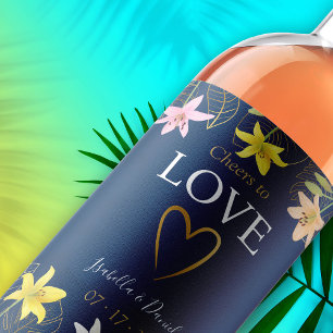 Ost till Kärlek Tropical Blommigt Blue Teal Bröllo Vinflaska Etikett