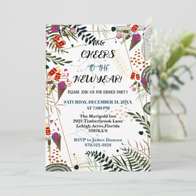 Ost till nyåret Party Grey Botanical Inbjudningar (Stående Fram)