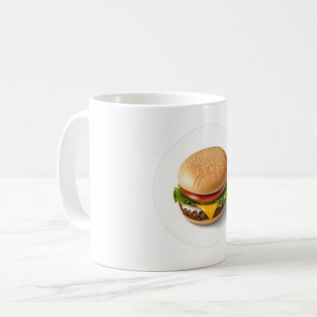 Ostburgare i en vit cirkel kaffemugg (Framsida vänster)