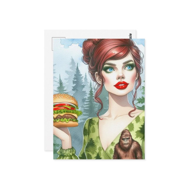 Ostburger i skogen Tittar för Sasquatch Vykort (Fram/Back In Situ)