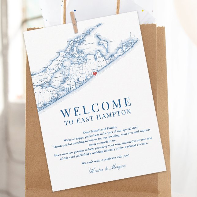 Öster Hampton Karta Bröllop Välkomstblått Brev Tack Kort (East Hamtpon NY Map Wedding Welcome letter and weekend events itinerary in elegant navy blue)