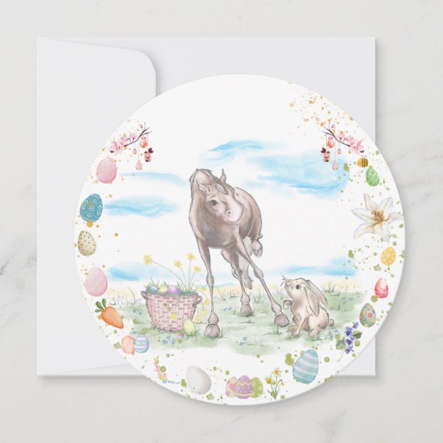 Oster Karte mit Pferd und Osterhase, Grusskarte Julkort (Framsida)