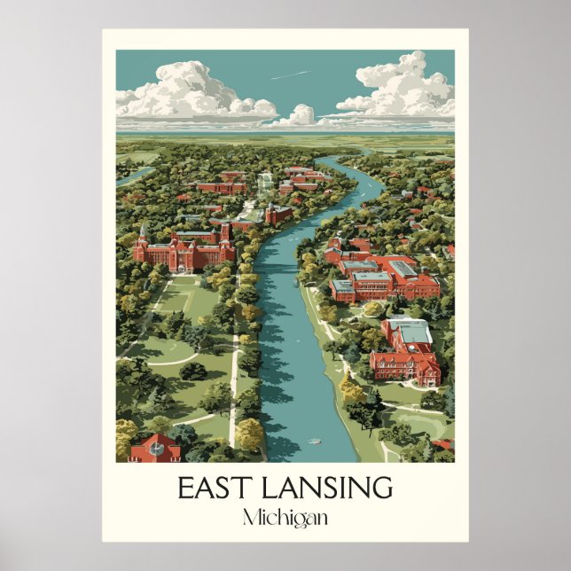 Öster Lansing Michigan Vintage Universiteten Campu Poster (Framsidan)