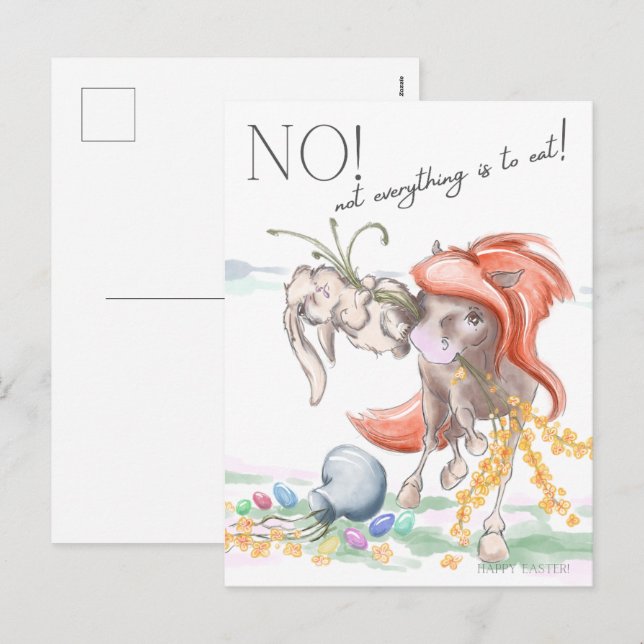 Oster Postkarte mit Pferd und Hase, lustige Tiere  Helg Vykort (Fram/baksida)