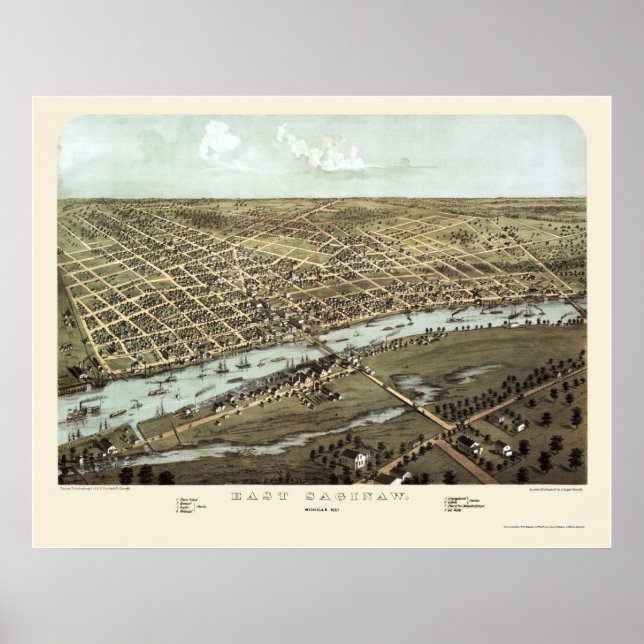Öster Saginaw, MI Panoramic Karta - 1867 Poster (Framsidan)