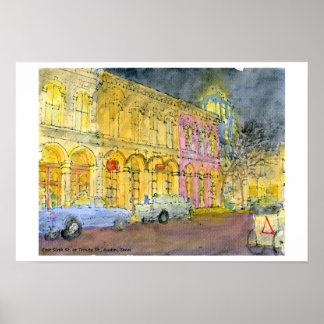 Öster sjätte gatan på Trinity Street, Austin, Texa Poster