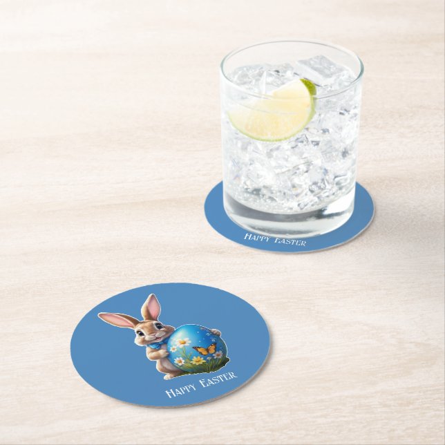 Osterhase blauer Schleife -  Underlägg Papper Rund (Insitu)