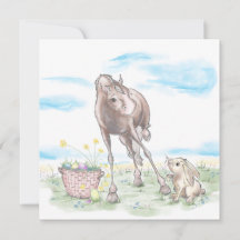 Osterkarte mit Pferd und Osterhase, süsse Tiere