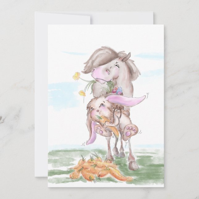 Osterkarte mit süssem Hasen und Pferd Julkort (Framsida)