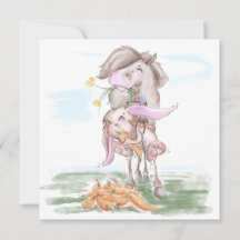 Osterkarte mit süssem Hasen und Pferd