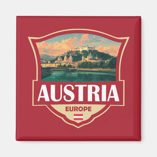 Österrike Illustration Retro Badge Magnet (Framsidan)