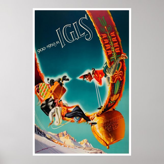 Österrike Resa Poster Tyrol Skidtryck Igls Konst (Framsidan)
