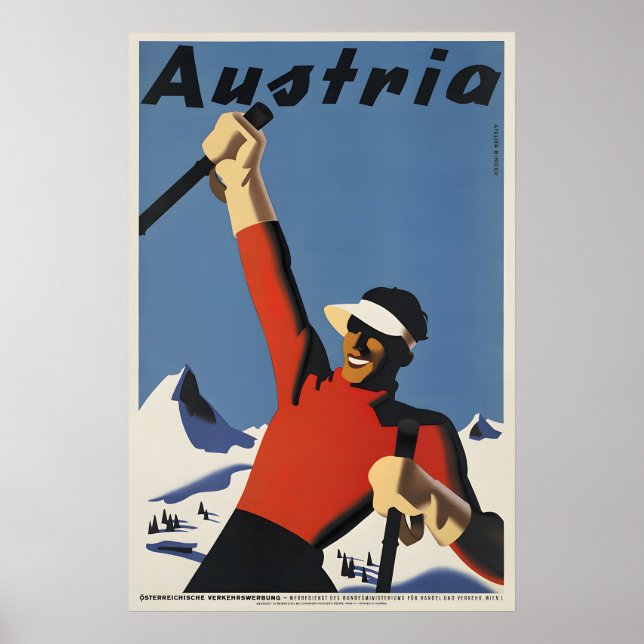 Österrike Skidåknings Vintage Resa Affisch (Framsidan)