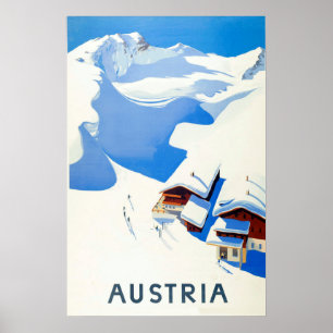 Österrike skidar, stugan i berg på vinter poster