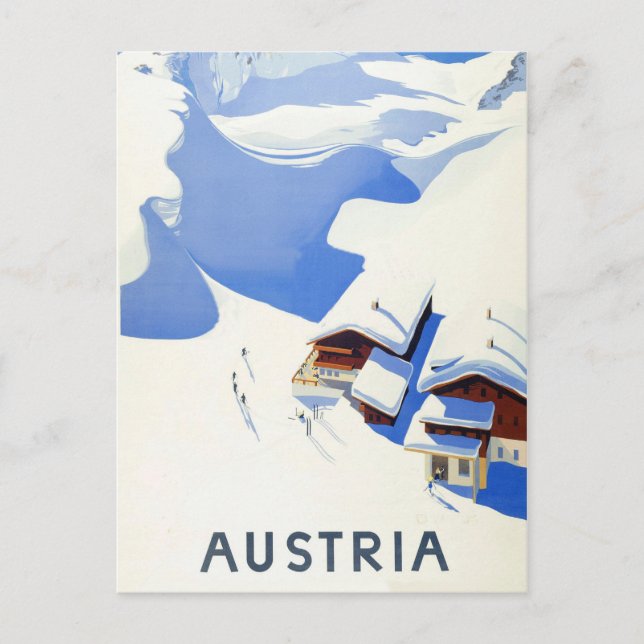 Österrike skidar, stugan i berg på vinter vykort (Framsida)