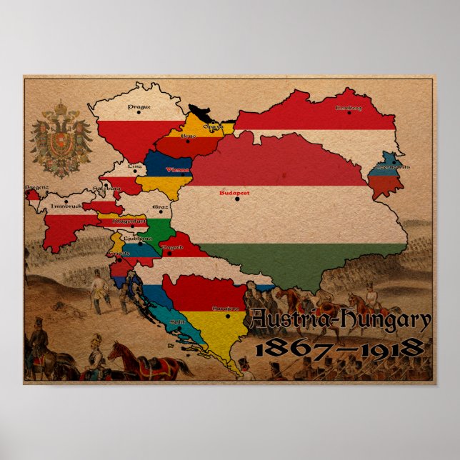 Österrike Ungern Flagga Karta Poster (Framsidan)