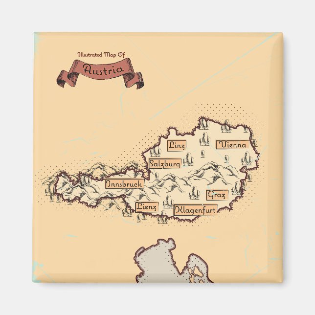 Österrike Vintage Illustrerad karta Magnet (Framsidan)