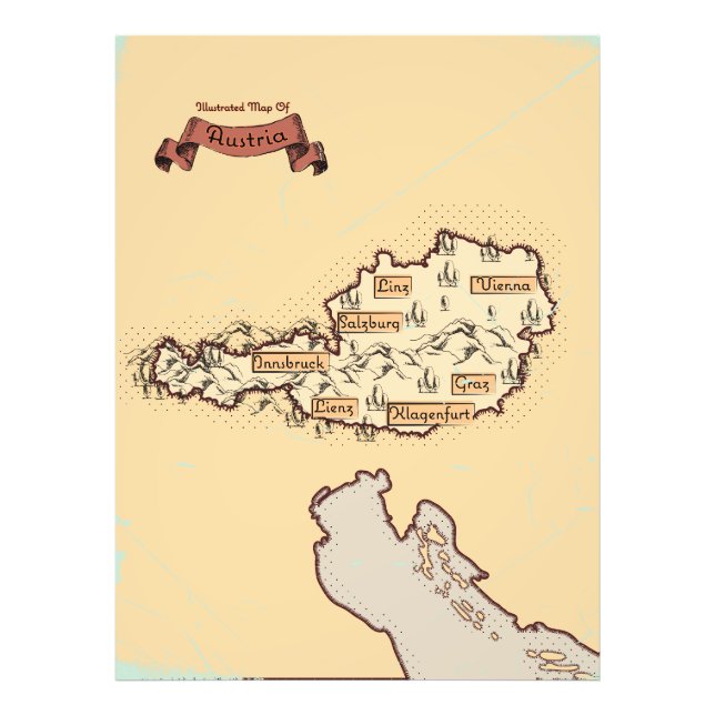 Österrikes Vintage Illustrated karta Fototryck (Framsidan)