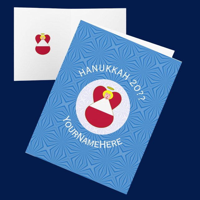 Österrikisk ängel Hanukkah Flagga Personlig  Kort (Hanukkah greeting card with angel wearing Austrian flag. Blue background, white text to personalize.)