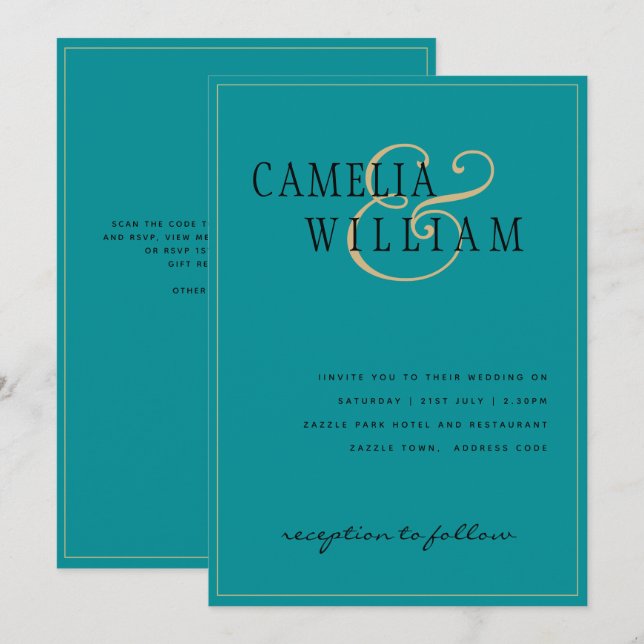 Östlig klassisk turkos Seaglass Guld Bröllop Inbjudningar (Fram/baksida)