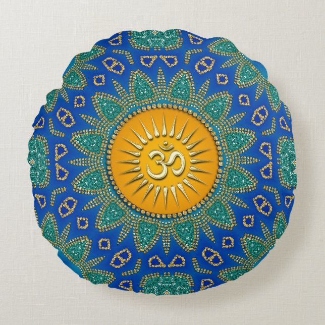 Östlig Sol Royal Blå Teal OM Meditation Rund Kudde (Framsidan)