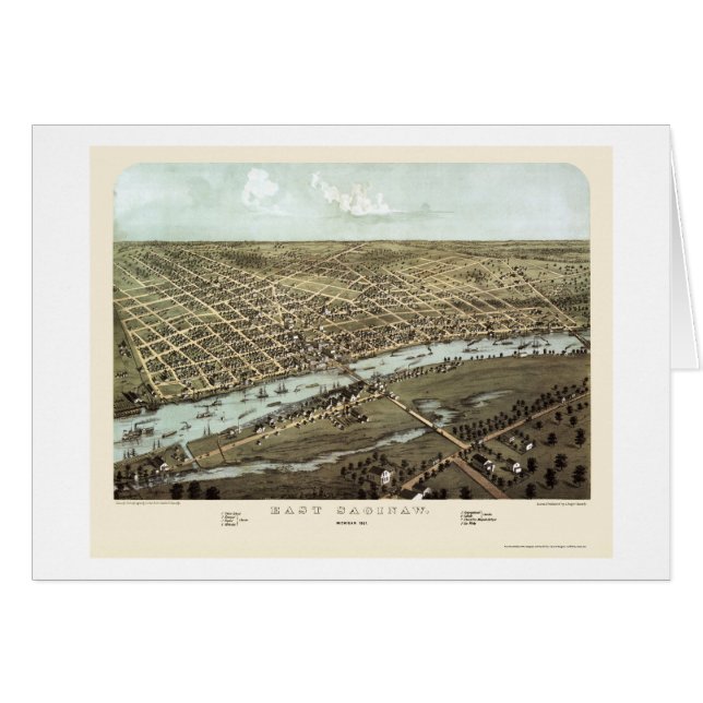 Östliga Saginaw, panorama- karta för MI - 1867 Hälsningskort (Framsidan Horizontal)