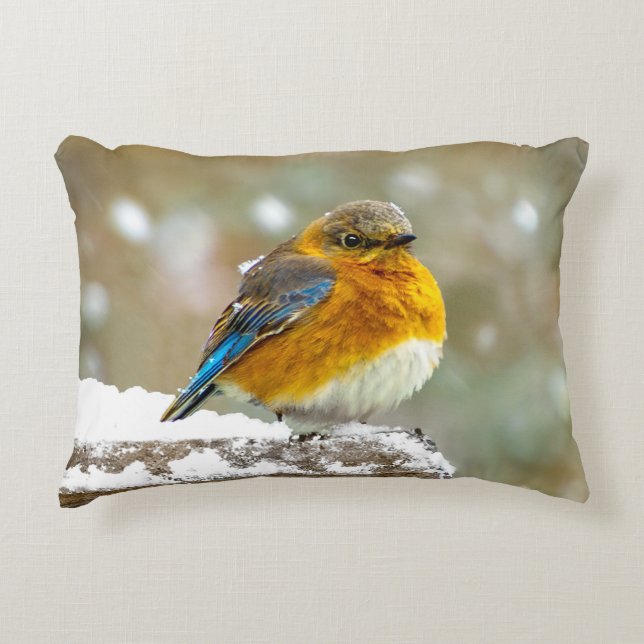 Östra Bluebird in Snö - Originalfoto Prydnadskudde (Framsidan)