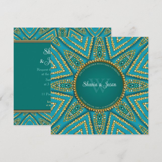 Östra Böhmiska Solguld & Teal Glitter Inbjudningar (Fram/baksida)