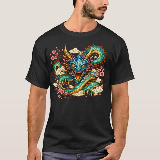 Östra Drakar & Körsbärsblommor Fantasykonst T Shirt (Framsida)