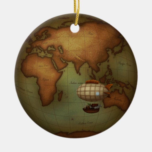 Östra Hemisphere Steampunk Karta & Luftballong Julgransprydnad Keramik (Framsidan)
