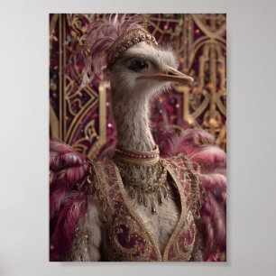 Ostrich i Ornate Royal Gown och Krona Poster