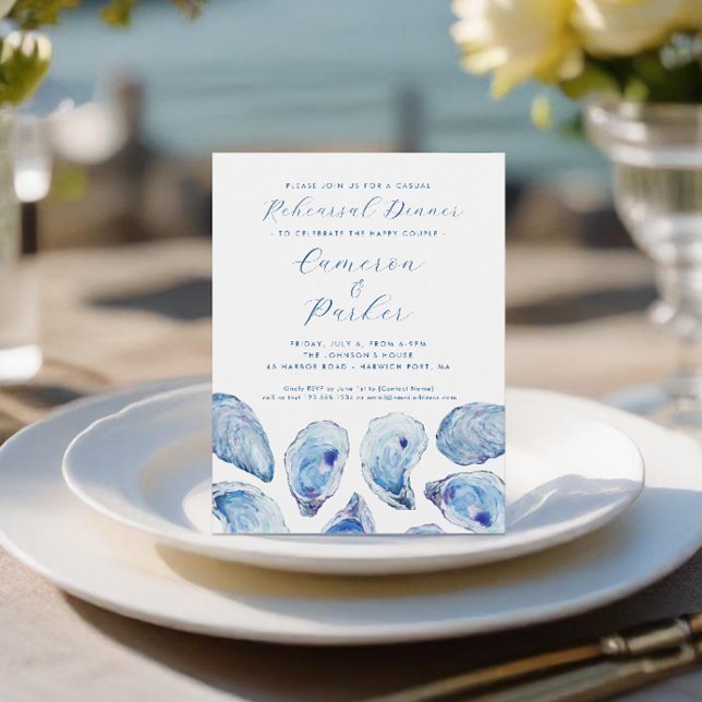 Ostron Avslappnad Bröllop Rehearsal Blue Watercolo Inbjudningar (Oyster Casual Wedding Rehearsal Dinner Invitation in elegant blue watercolor from Concertina Press)