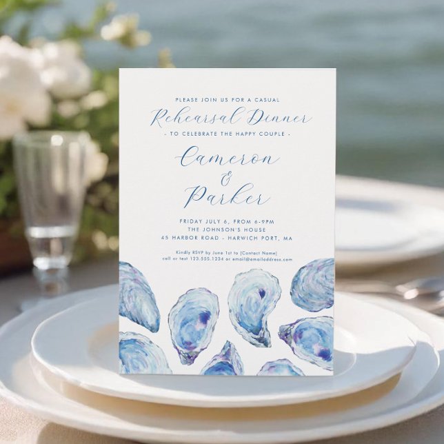 Ostron Avslappnad Bröllop Rehearsal Blue Watercolo Inbjudningar (Oyster Casual Rehearsal Dinner Invitation with blue watercolor oyster shells from Concertina Press)