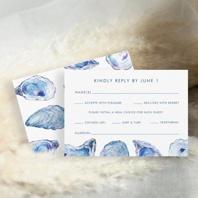 Ostron Bröllop-måltider, blå vattenfärg OSA Kort (Oyster Wedding Meal Choices RSVP Card with Food Allergies by Concertina Press)