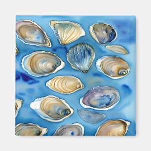 Ostron Clames Seashells Watercolor Blue Magnet