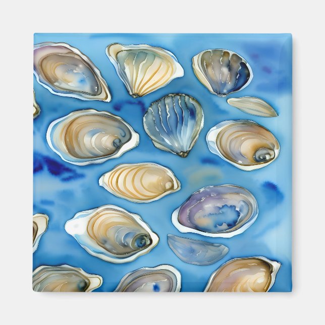 Ostron Clames Seashells Watercolor Blue Magnet (Framsidan)