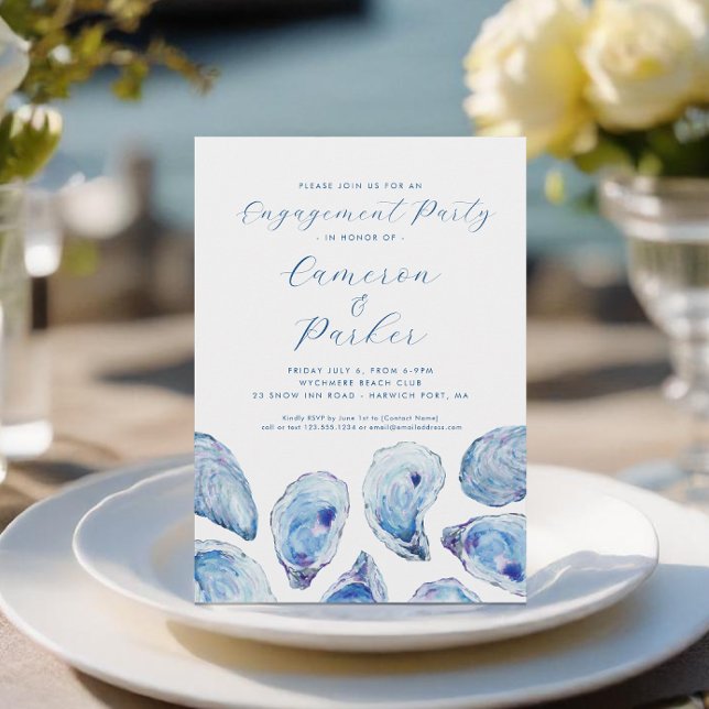 Ostron Förlovningsfest Blue Watercolor Inbjudningar (Oyster Engagement Party Invitation with elegant blue watercoor oyster shells from Concertina Press)