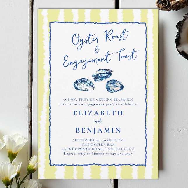 Ostron Roast Blue Gult Rand Förlovningsfest Inbjudningar (nautical engagement invitation oyster party coastal seaside yacht club boat beach blue handdrawn)