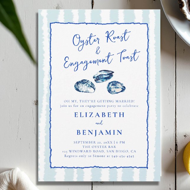 Ostron Roast Blue Rand Modern Förlovningsfest Inbjudningar (nautical engagement invitation oyster party coastal seaside yacht club boat beach blue hand drawn)