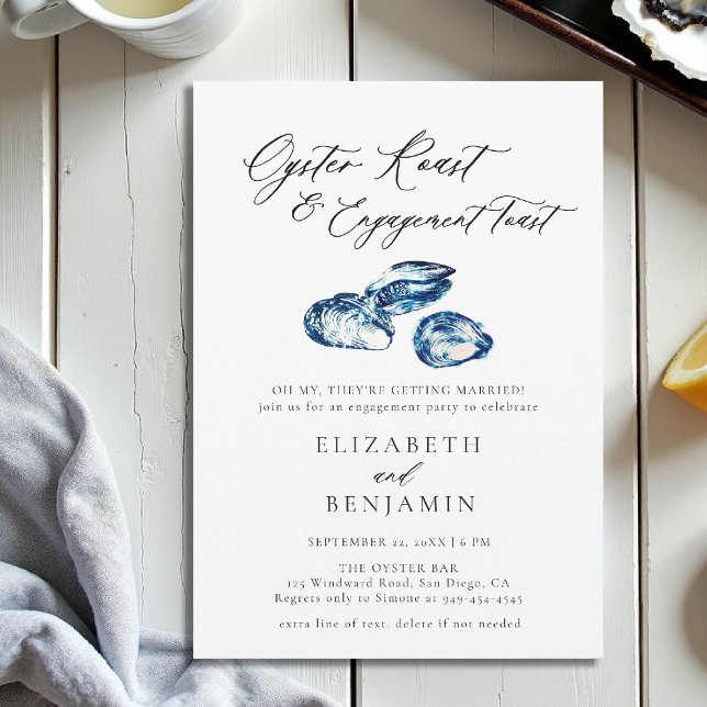Ostron, roast Blue Watercolor, Chic, Förlovningsfe Inbjudningar (nautical engagement invitation oyster party coastal seaside yacht boat beach water blue watercor)