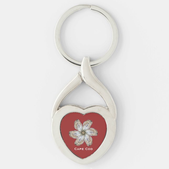 Ostronblomman Keychain - planlägg ett rött Twisted Heart Silverfärgad Nyckelring (Framsidan)