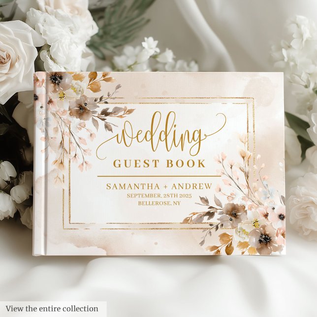 Östtimor Neutralt Guld Blommigt Bröllop Guest Bok (Timeless Neutral Gold Floral Wedding Guest Book)