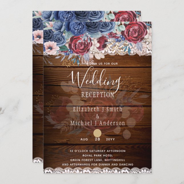 Östtimor Rustic Blue Burgundy Blommigt Snöre Bröll Inbjudningar (Fram/baksida)