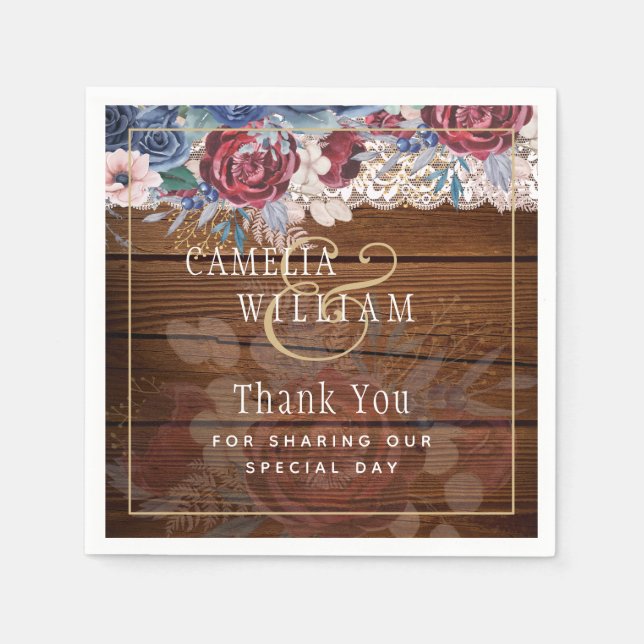 Östtimor Rustic Blue Burgundy Blommigt Snöre Bröll Pappersservett (Framsidan)