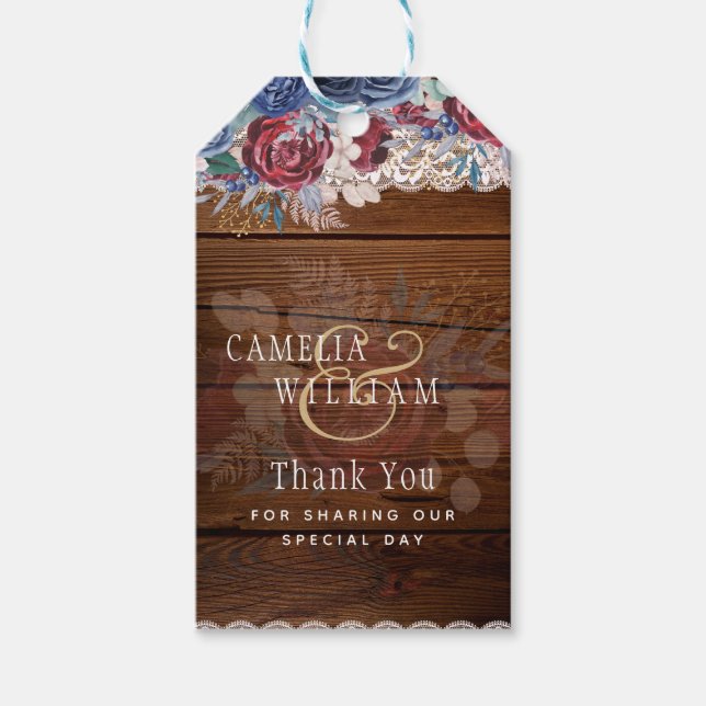 Östtimor Rustic Blue Burgundy Blommigt Snöre Bröll Presentetikett (Framsidan)