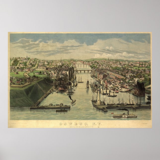 Oswego New York 1855 Antique Panoramic Karta Poster (Framsidan)